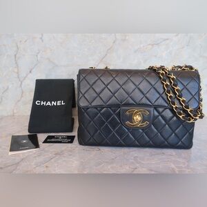 Authentic CHANEL XL jumbo black lambskin leather single flap classic bag